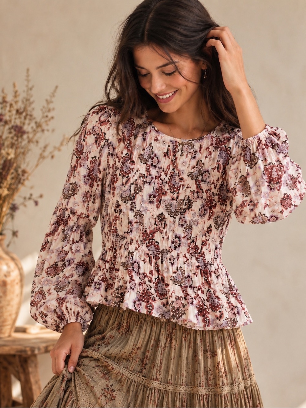 a.n.a. XXL Gypsy Prairie Floral Smocked Peasant Blouse Romantic Western Boho